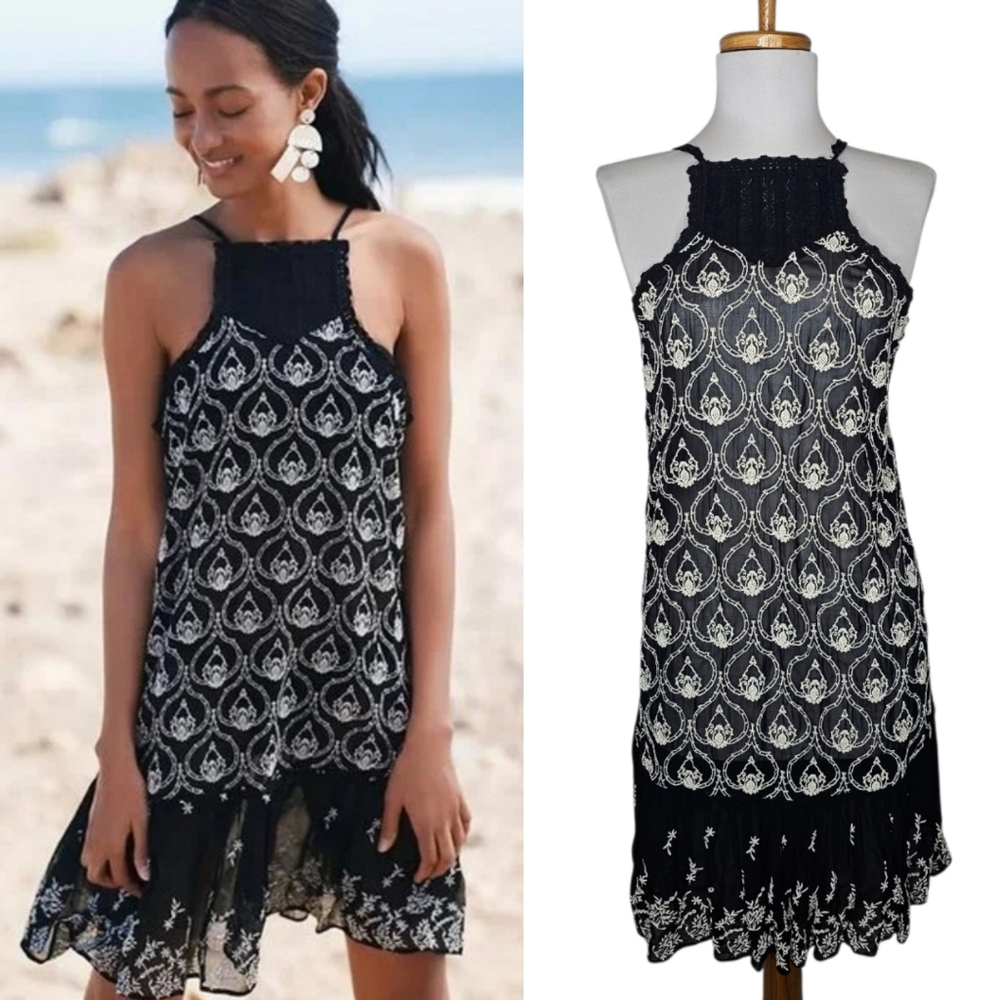 Anthropologie Sheer Embroidered Mini Dress Black Boho Halter Crochet Sz M